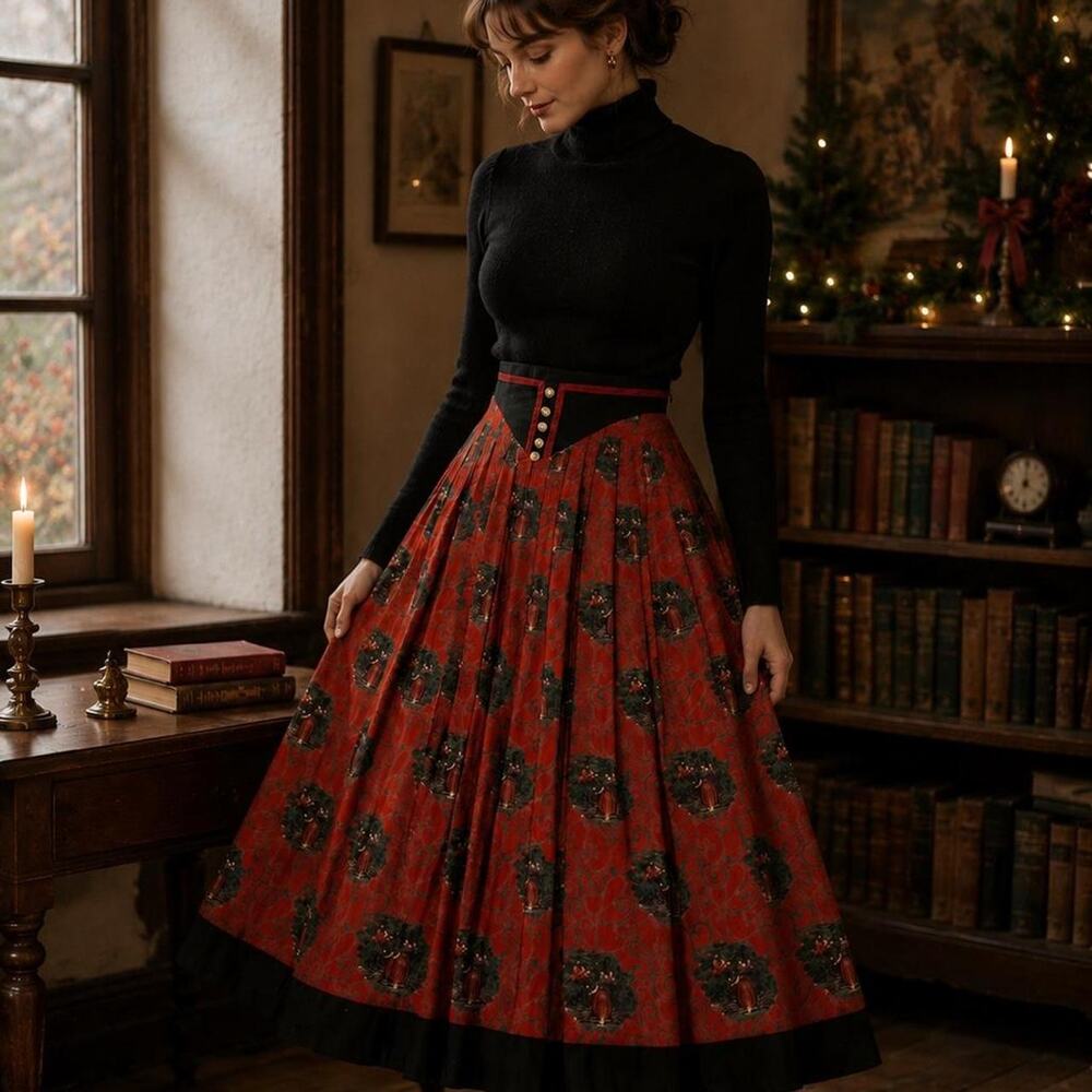 Vintage Perry Mode in Trachten German Folk Pleated Midi Skirt Scenic Print 36